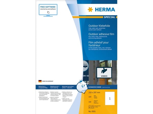 HERMA 9501, Valkoinen, Suorakulmio, Kiinteä, A4, Polyolefiini, Matta
