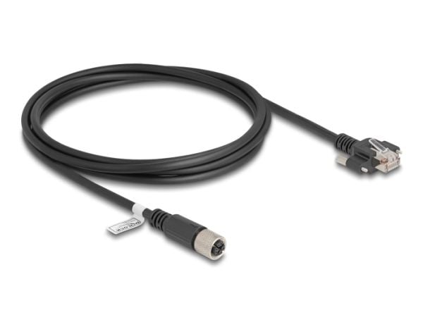 Delock M12-kaapeli X-koodattu 8-nastainen naaras RJ45-uros ruuvilla Cat.6A S/FTP 2 m musta