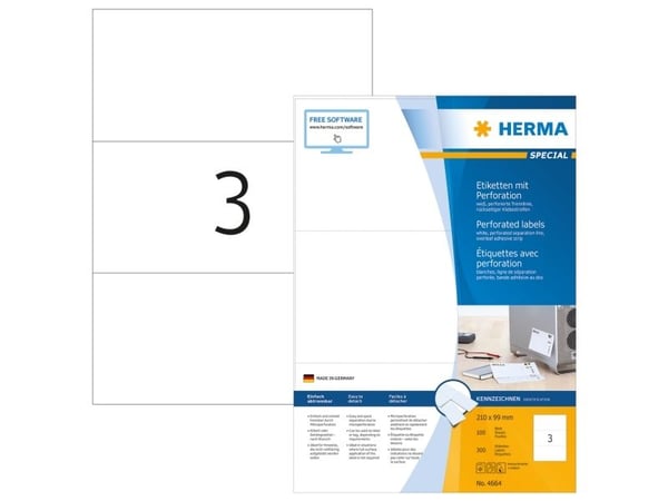 HERMA Special - Papir - matt - permanent selv-adhesiv - perforert - hvit - 210 x 99 mm 300 etikett(er) (100 ark x 3) merkelapper