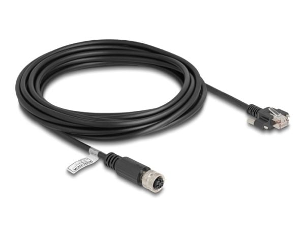 Delock - Nettverkskabel - 4 pin M12-D (hunn) til RJ-45 (hann) skrubar - 5 m - 6.8 mm - FTP - CAT 5e - formstøpt, flertrådet - svart