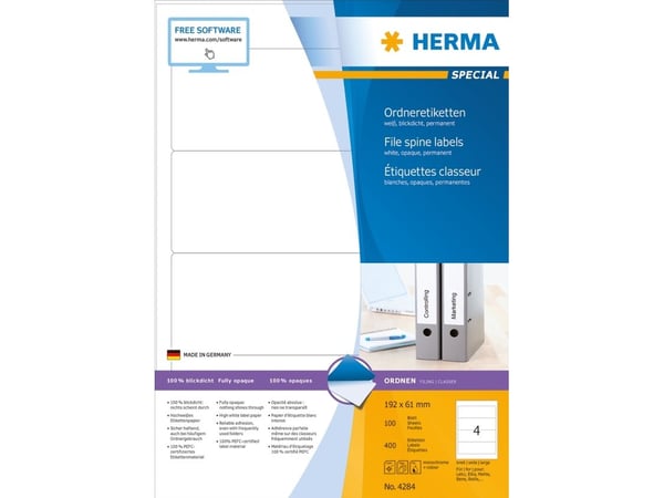 HERMA Special - Papir - matt - permanent selv-adhesiv - hvit - 192 x 61 mm 400 etikett(er) (100 ark x 4) opake arkivmappeetiketter