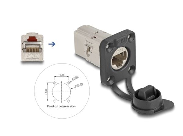 Delock D-Type RJ45 innebygd stikkontakt / kobling Cat.6A STP med beskyttelseshette IP66 støv- og vanntett