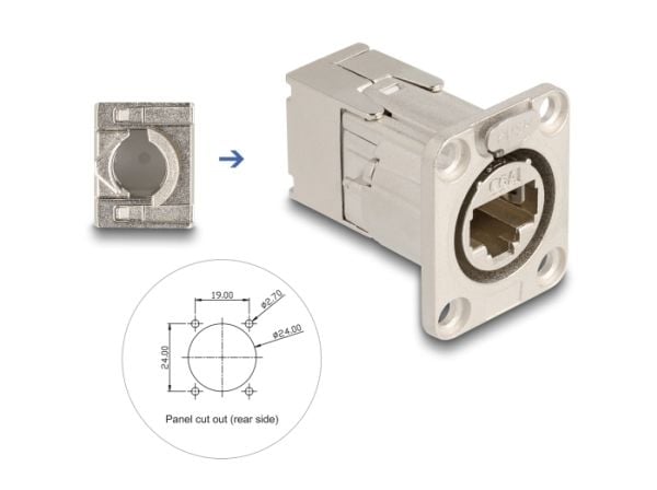 Delock - Påknipsbar mulighetsmodulfrontplate - D-type - panelmonterbar - CAT 6a - STP - RJ-45 - sølv