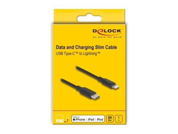 Delock Slim data- ja latauskaapeli USB Type-C Lightningiin iPhoneen, iPadiin, iPodiin musta 1 m MFi