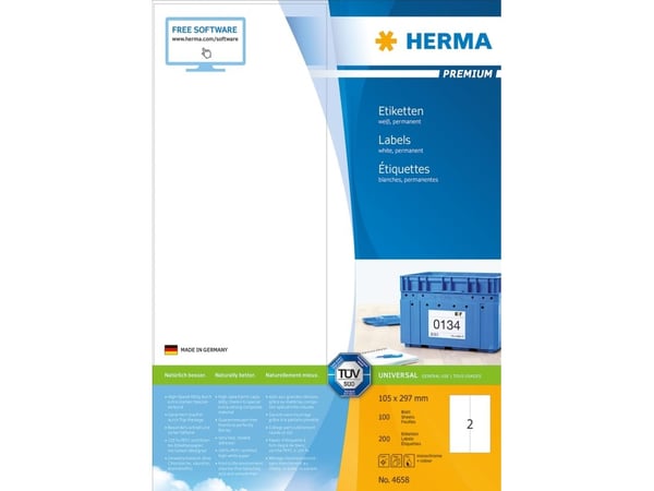 HERMA Premium - Papir - matt - permanent selv-adhesiv - hvit - 105 x 297 mm 200 etikett(er) (100 ark x 2) laminerte etiketter