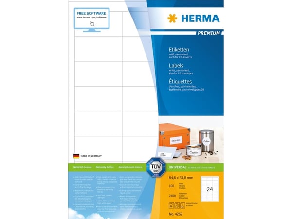 HERMA Premium - Papir - matt - permanent selv-adhesiv - hvit - 64.6 x 33.8 mm 2400 etikett(er) (100 ark x 24) laminerte etiketter