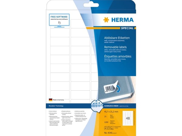 HERMA Special - Papir - matt - fjernbart selv-adhesiv - hvit - 45.7 x 21.2 mm 1200 etikett(er) (25 ark x 48) merkelapper