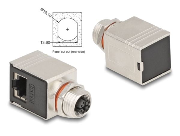 Delock - Nettverksadapter - 8 pin M12-X (hunn) til RJ-45 (hunn) vinklet - STP - CAT 6a - svart/sølv