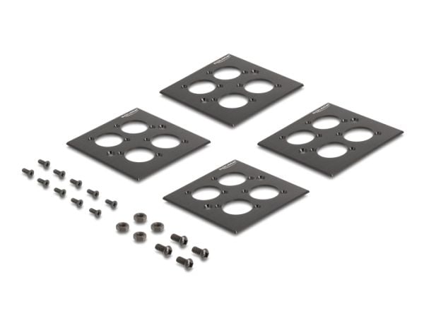 Delock D-type 19" patch-paneeli, jossa 4 D-type-levyä 86 x 86 mm ja 4 porttia 2 U musta