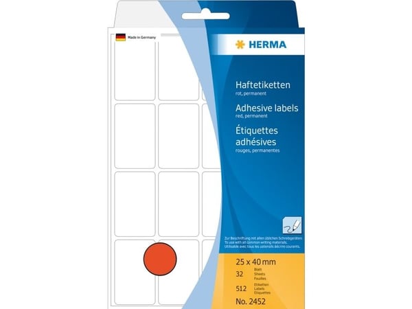 HERMA - Permanet adhesiv - rød - 25 x 40 mm 512 etikett(er) (32 ark x 16) merkelapper