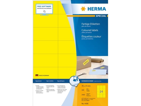 HERMA Spesial - Papir - matt - permanent selvklebende - gul - 70 x 37 mm 2400 etikett(er) (100 ark x 24) etiketter