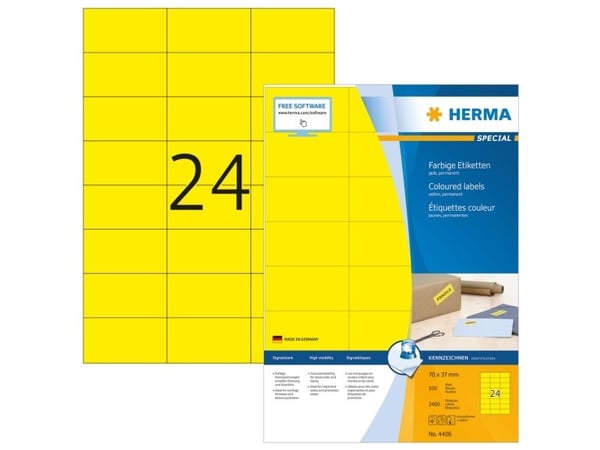 HERMA Spesial - Papir - matt - permanent selvklebende - gul - 70 x 37 mm 2400 etikett(er) (100 ark x 24) etiketter