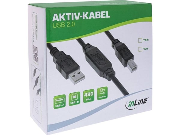 InLine USB 2.0 Aktiv-Kabel - USB-A Stecker zu USB-B Stecker - 10m (34511A)