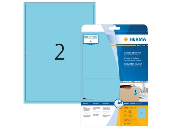 HERMA Special - Papir - matt - permanent selvklebende - blå - 199,6 x 143,5 mm 40 etikett(er) (20 ark x 2) etiketter