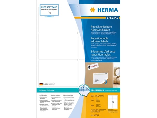 HERMA Special - Papir - matt - flyttbart selv-adhesiv - hvit - 99.1 x 67.7 mm 800 etikett(er) (100 ark x 8 adresselapper