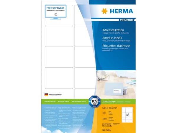 HERMA Premium - Papir - matt - permanent selv-adhesiv - hvit - 63.5 x 46.6 mm 1800 etikett(er) (100 ark x 18) laminerte adresseetiketter