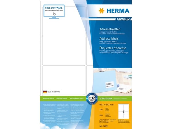 HERMA Premium - Papir - matt - permanent selv-adhesiv - hvit - 99.1 x 67.7 mm 800 etikett(er) (100 ark x 8) laminerte adresseetiketter