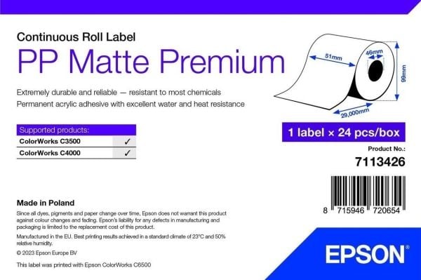 Epson Premium - Polypropylen (PP) - matt - permanent akryl-adhesiv - Rull (5,1 cm x 29 m) boks - sammenhengende etiketter