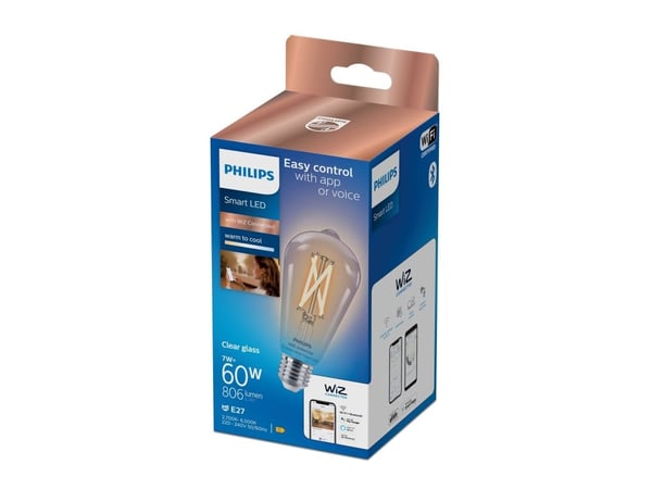 Philips Smart - LED-filamentlyspære - form: ST64 - E27 - 7 W (ekvivalent 60 W) - klasse E - varm til kjølig hvitt lys - 2700-6500 K - gjennomsiktig