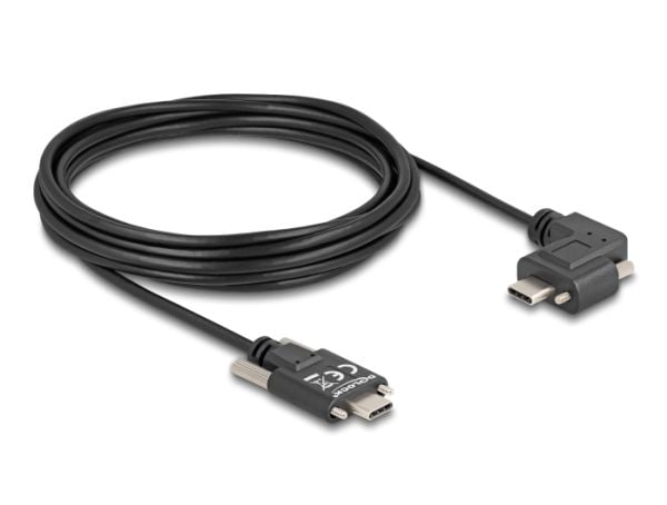 Delock - USB-kabel - 24 pin USB-C (hann) rett til 24 pin USB-C (hann) venstre/høyre-vinklet - USB 2.0 - 3 A - 5 m - tommelskruer, støtte for Power ...