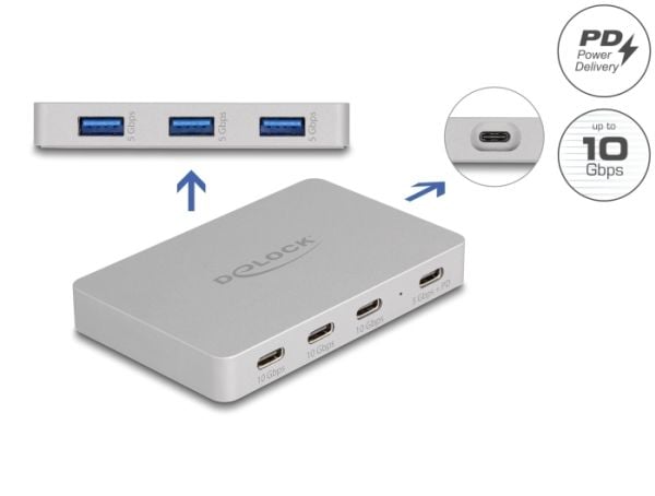 Delock 7-porttinen USB-keskitin, jossa on 4 x USB Type-C-liitäntä ja 3 x USB Type-A-liitäntä PD 82 W:lla