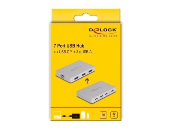 Delock 7-porttinen USB-keskitin, jossa on 4 x USB Type-C-liitäntä ja 3 x USB Type-A-liitäntä PD 82 W:lla
