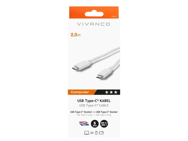 Vivanco 45354, 2 m, USB C, USB C, USB 3.2 Gen 1 (3.1 Gen 1), 5 Gbit/s, Hvit