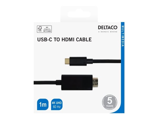 DELTACO - Adapterkabel - USB-C hann til HDMI hann - 1 m - svart - 4 K 60 Hz (4096 x 2160) støtte