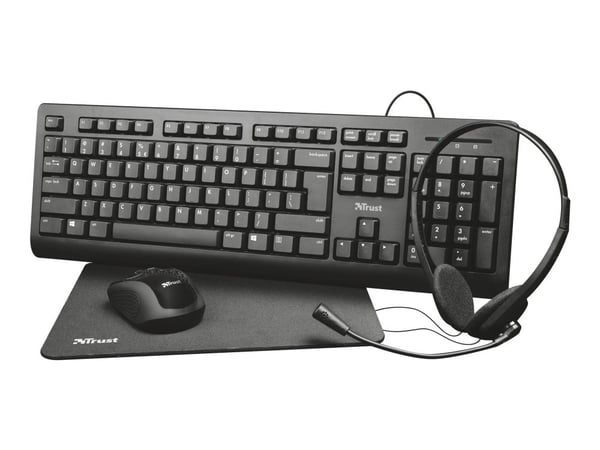 Trust Primo 4-in-1 Home Office Set - Paket med tangentbord, mus, headset och musdyna - USB