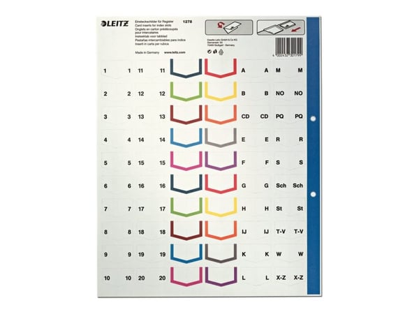 Leitz - Inndeler - 20 deler - fortrykt: A-Z, 1-20 - for A4 (210 x 297 mm) - med fliker - grå