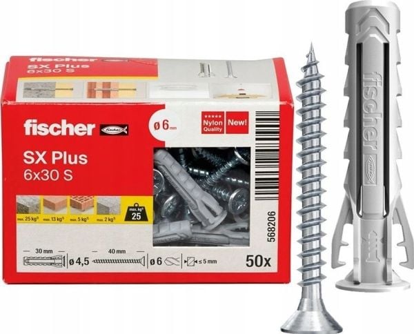 Fischer 568206, Skrue- og veggpluggsett, Lettbetong, Murstein, Betong, Gipsfiberplate, Murverk, Nylon, Grå, Pozidriv, PZ2