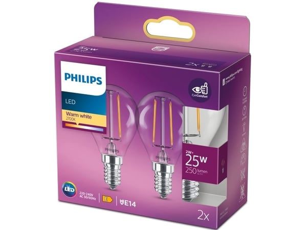 Philips - LED-filamentlyspære - form: P45 - klar finish - E14 - 2 W (ekvivalent 25 W) - klasse E - varmt hvitt lys - 2700 K (en pakke 2)