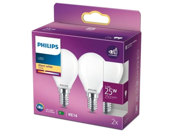 Philips - LED-lyspære - form: P45 - mattslipt finish - E14 - 2.2 W (ekvivalent 25 W) - klasse E - varmt hvitt lys - 2700 K (en pakke 2)