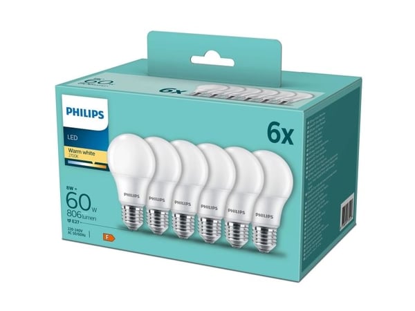 Philips - LED-glödlampa - form: A60 - glaserad finish - E27 - 8 W (motsvarande 60 W) - klass F - varmt vitt ljus - 2700 K - matt (paket om 6)