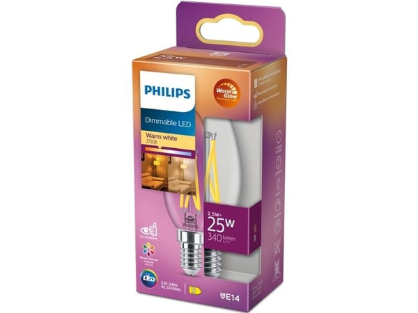 Philips - LED-filamentlyspære - form: B35 - klar finish - E14 - 2.5 W (ekvivalent 25 W) - klasse D - varmt hvitt lys - 2200-2700 K