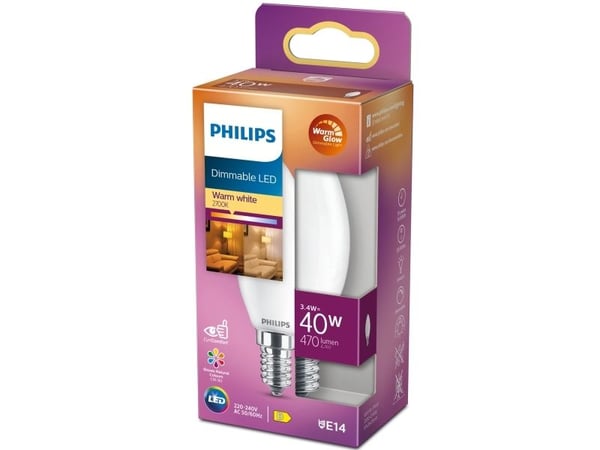 Philips - LED-lyspære - form: B35 - mattslipt finish - E14 - 3.4 W (ekvivalent 40 W) - klasse D - varmt hvitt lys - 2200-2700 K