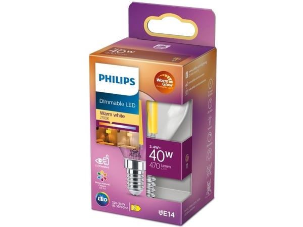 Philips - LED-filamentlyspære - form: P45 - klar finish - E14 - 3.4 W (ekvivalent 40 W) - klasse D - varmt hvitt lys - 2200-2700 K