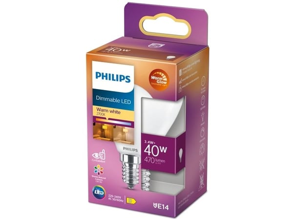Philips - LED-lyspære - form: P45 - mattslipt finish - E14 - 3.4 W (ekvivalent 40 W) - klasse D - varmt hvitt lys - 2200-2700 K