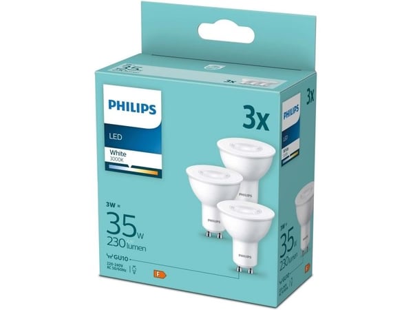 Philips - LED-pære for søkelys - form: PAR16 - klar finish - GU10 - 3 W (ekvivalent 35 W) - klasse F - hvitt lys - 3000 K (en pakke 3)