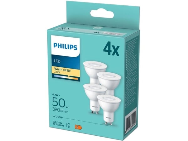 Philips - LED-pære for søkelys - form: PAR16 - klar finish - GU10 - 4.7 W (ekvivalent 50 W) - klasse F - varmt hvitt lys - 2700 K (en pakke 4)