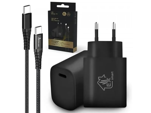 Extralink Smart Life | Rinkinys USB Type-C to Type-C, 200cm, Juodas + kroviklis 18W PD3.0 | Juoda