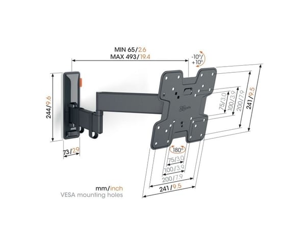 Vogel''s 3832430, 48,3 cm (19"), 109,2 cm (43"), 75 x 75 mm, 200 x 200 mm, -10 - 10°, Sort