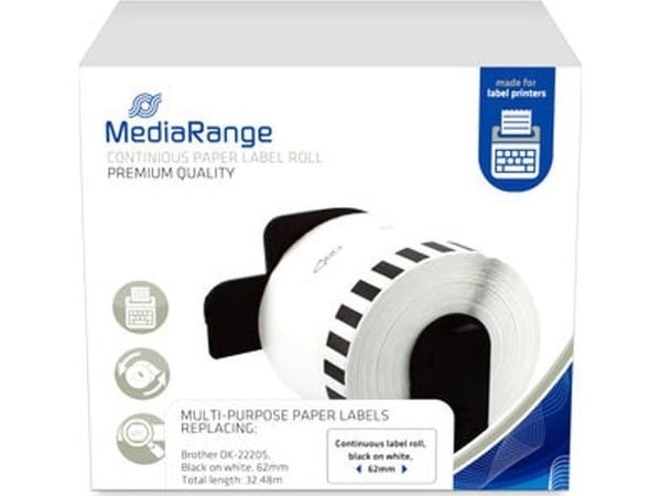 MediaRange etiketttape 62mm svart/hvit Brother DK-22205 30,48m