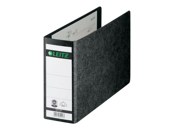 LEITZ hard pappmappe, 180 grader, DIN A5 liggende, 77 mm, svart omslag laget av hard papp, med limt baketikett (1076-02-00)