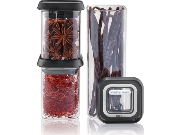 GEFU GF12811, Beholder, Rektangulær, 0,4 l, Svart, Bjørnebær, Gjennomsiktig, Borosilikatglass, Plast, Rustfritt stål, 180 ml