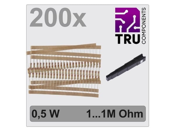 TRU COMPONENTS TC-12888484 T22P104 kolbeläggningsmotståndssortiment, axiell, 0,5 W, 5 %, 200 st TRU COMPONENTS TC-12888484 T22P104 kolbeläggningsmotståndssortiment, axiell, 0,5 W, 5 %, 200 st