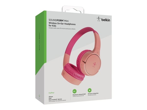 Belkin SoundForm Mini - Hodetelefoner med mikrofon - on-ear - Bluetooth - trådløs, kablet - 3,5 mm jakk - rosa