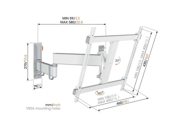 Vogel''s 3834431, 81,3 cm (32"), 165,1 cm (65"), 100 x 100 mm, 400 x 400 mm, 0 - 20°, Vit
