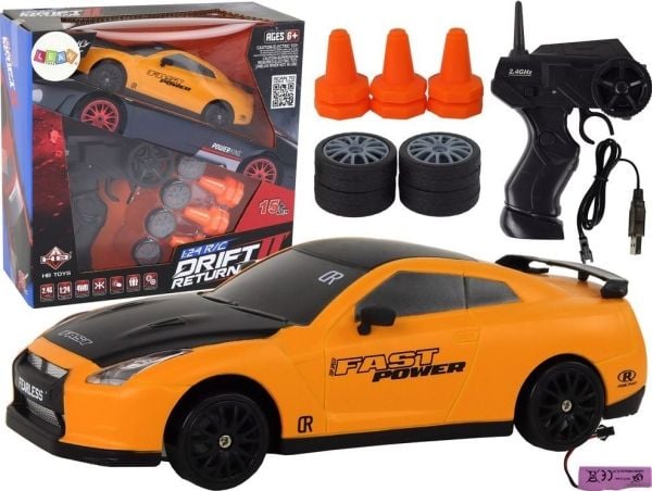 LeanToys sportsbil fjernstyrt R/C 1:24 gul – utskiftbare hjul
