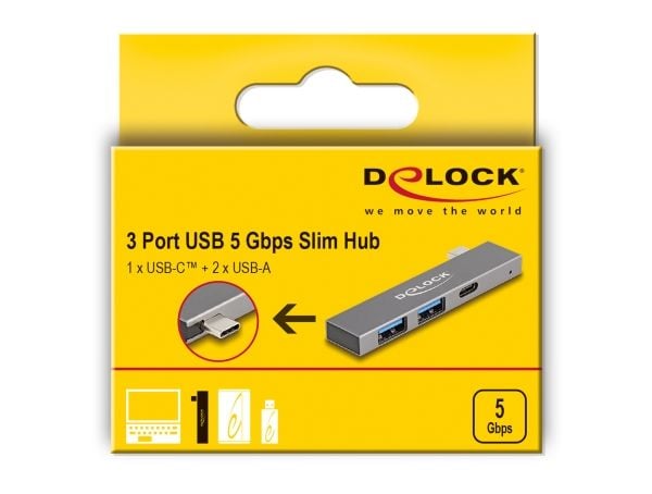 Delock - Hub - slim, 5 Gbps, with USB Type-C - 1 x USB-C + 2 x USB - stasjonær